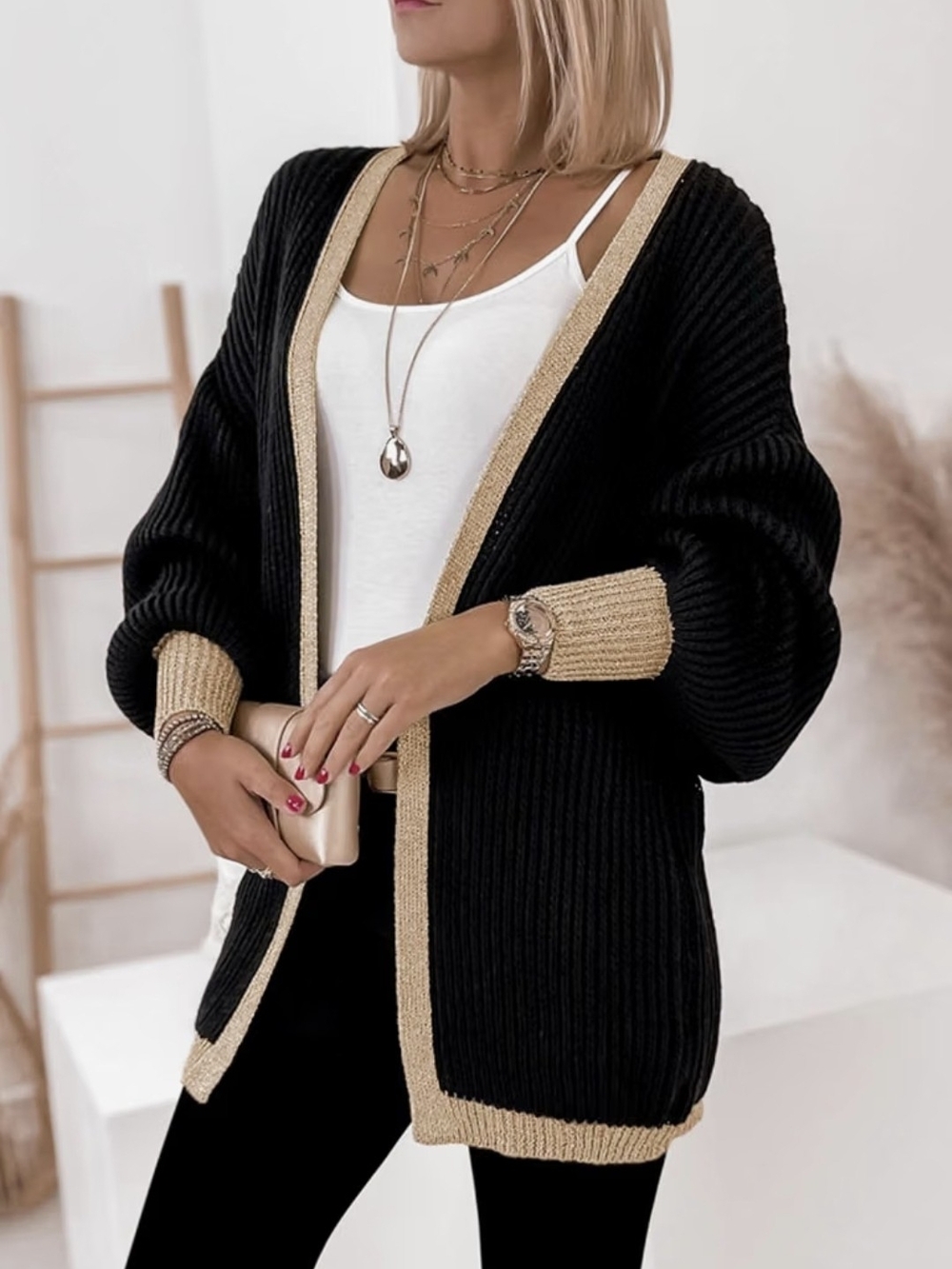 Black Cardigan with Gold Trim - Women's Ribbed Open-Front Sweater